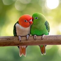 Two green and orange birds sitting on a branch photo