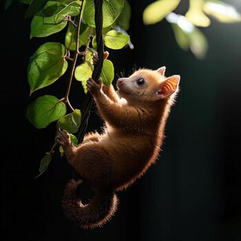 A small animal is hanging from a tree branch photo