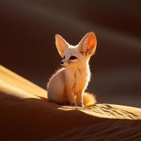A small fennec fox sitting in the sand photo