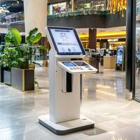 A white kiosk in a shopping mall photo