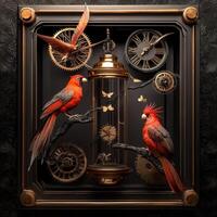 A clock with two birds and a bird cage photo