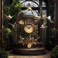 A clock in a glass case with birds flying around it photo