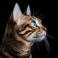 A cat with blue eyes looking up photo