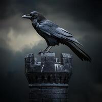 A raven sits on top of a castle tower photo