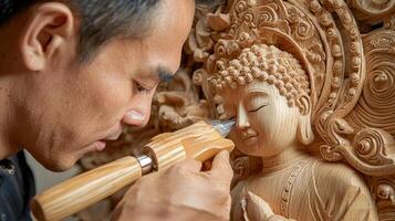A man is carving a buddha on a wooden wall photo