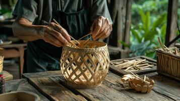 A man is making a basket with bamboo sticks photo
