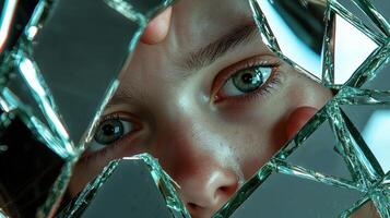 A woman looking through a broken mirror photo