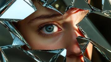 A woman's face is reflected in a broken mirror photo