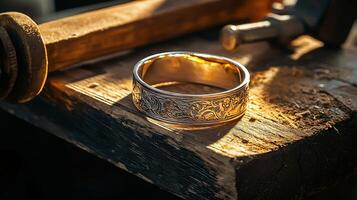 A wedding ring sitting on a wooden table photo