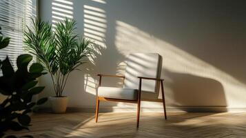 A chair in front of a window with blinds photo