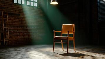 A chair in an empty room with a light shining on it photo
