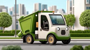 Garbage truck driving on the road with city buildings in the background photo
