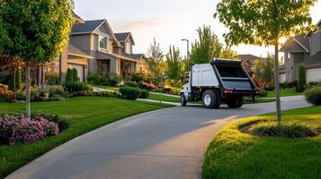 A garbage truck driving down a residential street photo