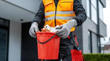 A man in an orange vest holding a trash can photo