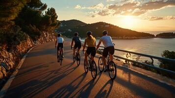 Three cyclists ride along a road at sunset photo