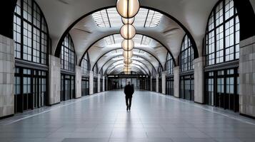 A person walking through a long hallway with lots of windows photo