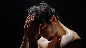 A shirtless man holding his head in his hands photo