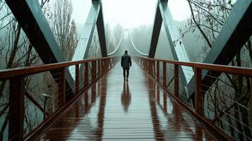 A person walking across a bridge in the rain photo