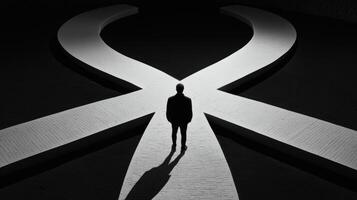 A person standing in front of a large white symbol photo