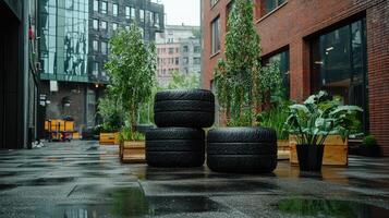 A group of tires sitting on the ground in a city photo