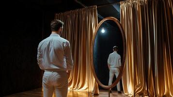 A man standing in front of a mirror looking at himself photo