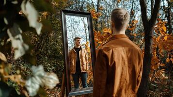 A man is looking at himself in a mirror photo