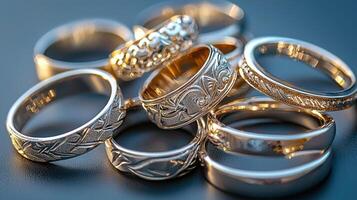 A pile of wedding rings on a table photo