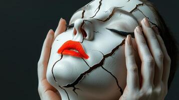 A woman with a cracked face and orange lipstick photo