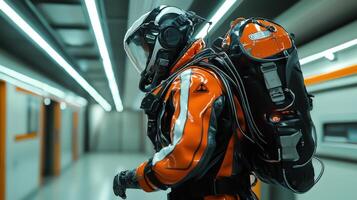 A man in an orange and black suit with a backpack photo