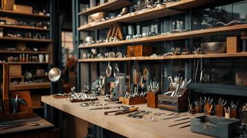 A shop with many tools and utensils on shelves photo