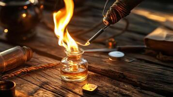 A bottle of oil is lit on fire photo