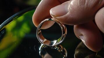 A person holding a wedding ring on a mirror photo