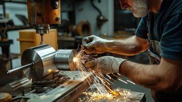 A man is grinding metal with a grinder photo