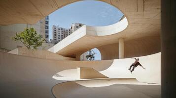 A skateboarder is riding on a ramp in a skate park photo