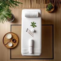 A massage table with towels and a plant photo