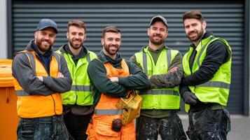 Four men in safety vests standing in front of a garbage bin photo