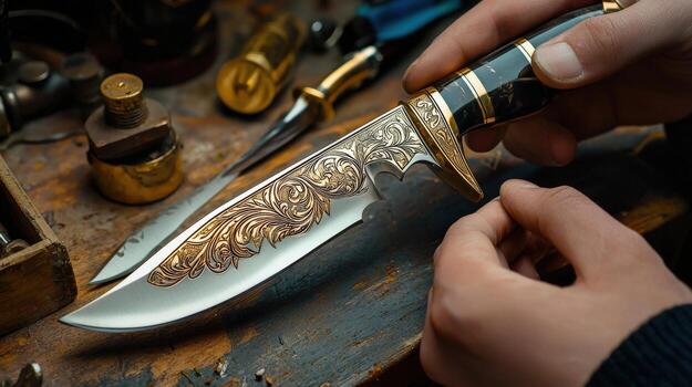 A person is holding a knife with a gold and black pattern photo
