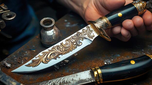 A knife with a gold and black pattern on it photo