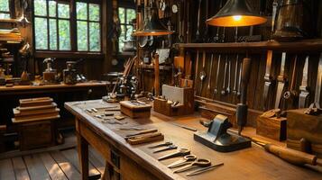 A wooden table with many tools on it photo