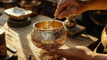 A person is pouring a liquid into a gold cup photo