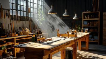 A woodworking shop with lots of tools and wood photo
