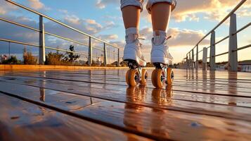 A person is standing on roller skates on a wooden boardwalk photo