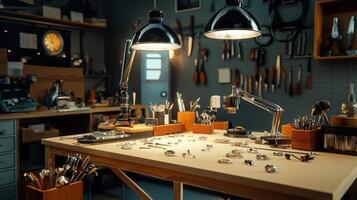 A workbench with tools and a lamp on it photo