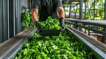 A man in an apron is picking lettuce from a bin photo