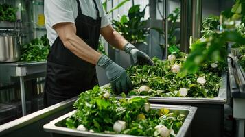 A man in an apron is working in a kitchen photo