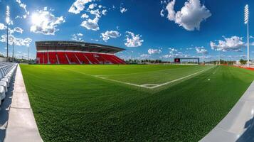 A soccer field with a red and white stadium photo