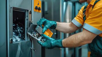A man in an orange shirt and green gloves is opening a machine photo