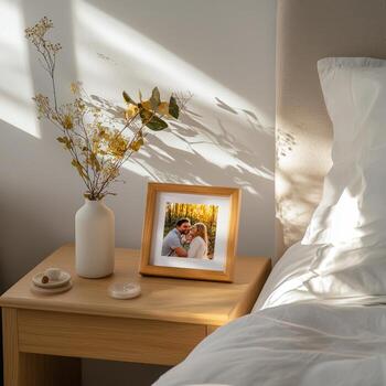 A bed with a picture frame on it photo