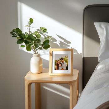 A bedside table with a picture frame and a plant photo