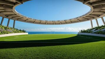 A large circular stadium with grass and a view of the ocean photo